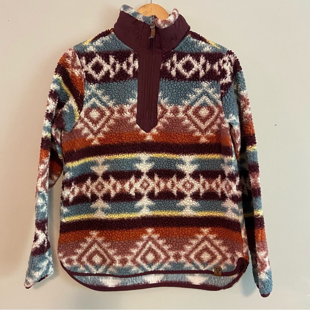 Brown and Blue Cowl Neck Sweater with Geometric Patterns